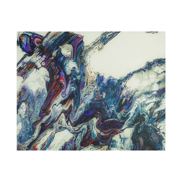 A front preview of the "Afrostar" Freebrd abstract artwork painting on a 30x24 canvas with a 1.5 inch thickness that shows swirling wavy color hues like navy, rugged blue, ivory, off white, traditional red, purples and gold.