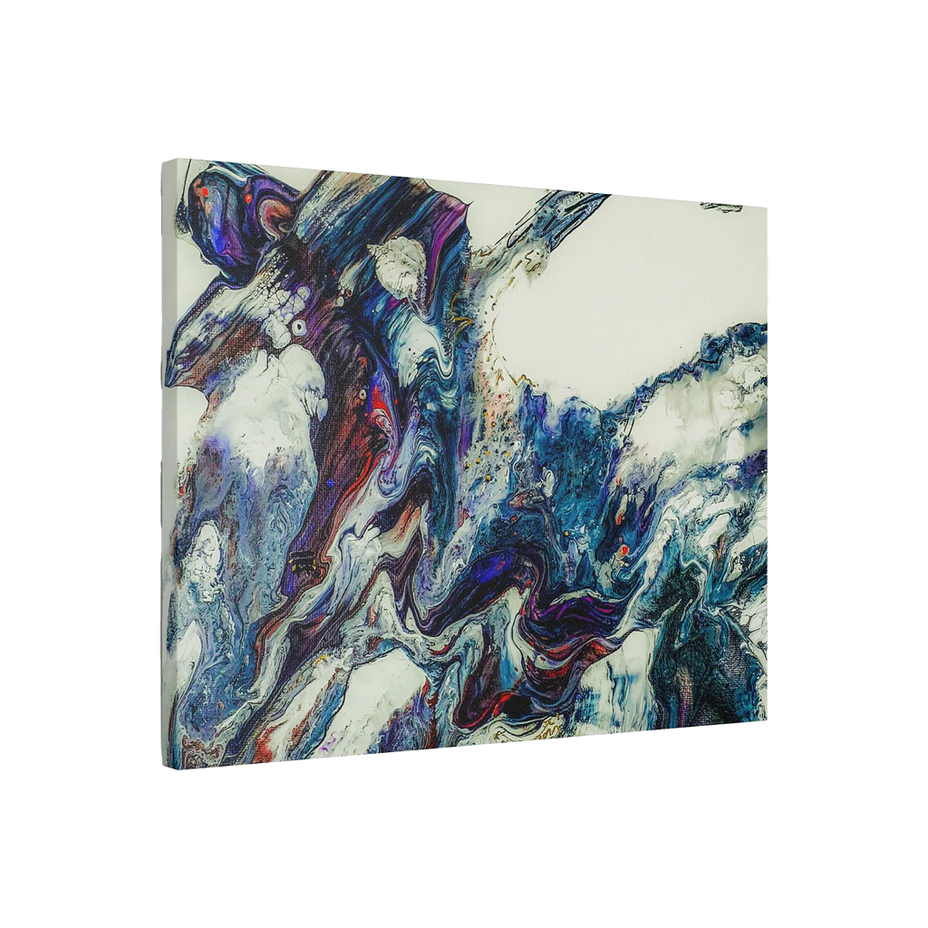 A side preview of the "Afrostar" Freebrd abstract artwork painting on a 30x24 canvas with a 1.5 inch thickness that shows swirling wavy color hues like navy, rugged blue, ivory, off white, traditional red, purples and gold.