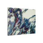 A side preview of the "Afrostar" Freebrd abstract artwork painting on a 30x24 canvas with a 1.5 inch thickness that shows swirling wavy color hues like navy, rugged blue, ivory, off white, traditional red, purples and gold.