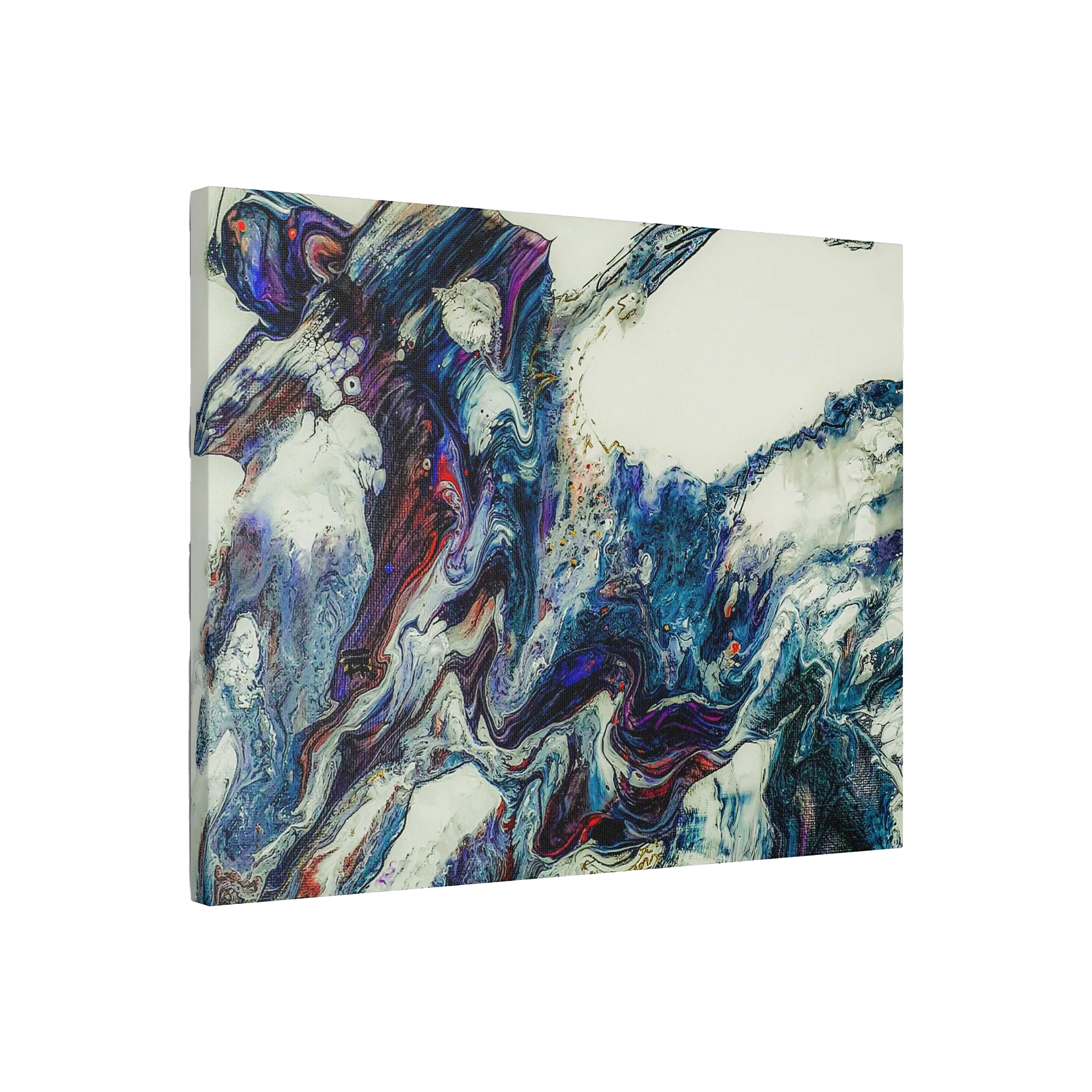 A side preview of the "Afrostar" Freebrd abstract artwork painting on a 30x24 canvas with a 1.5 inch thickness that shows swirling wavy color hues like navy, rugged blue, ivory, off white, traditional red, purples and gold.