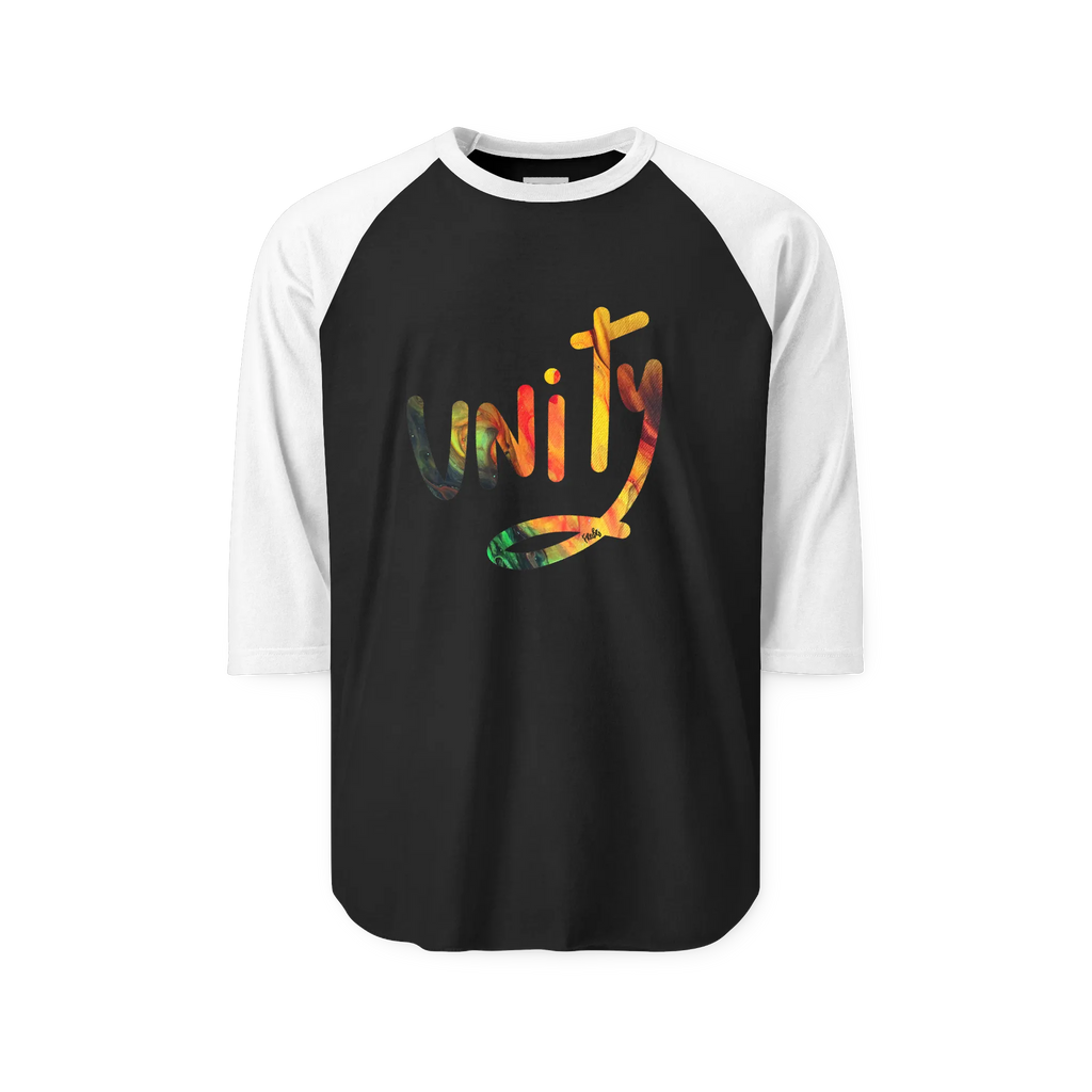 Black raglan shirt with white three-quarter sleeves and collar, front view with multicolored unity lettering filled with FREEBRD Lucy painting artwork.