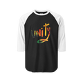 Black raglan shirt with white three-quarter sleeves and collar, front view with multicolored unity lettering filled with FREEBRD Lucy painting artwork.