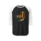 Black raglan shirt with white three-quarter sleeves and collar, front view with multicolored unity lettering filled with FREEBRD Lucy painting artwork.