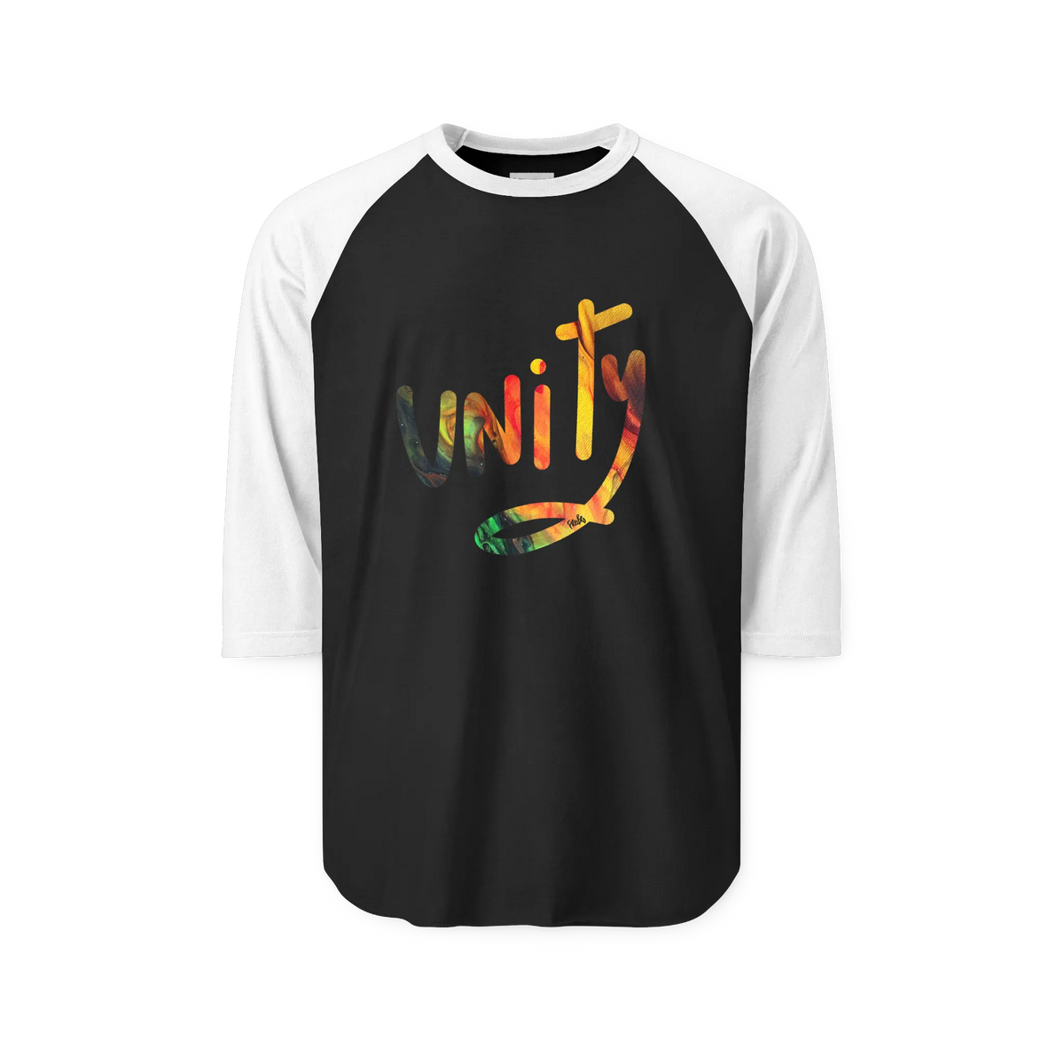 Black raglan shirt with white three-quarter sleeves and collar, front view with multicolored unity lettering filled with FREEBRD Lucy painting artwork.