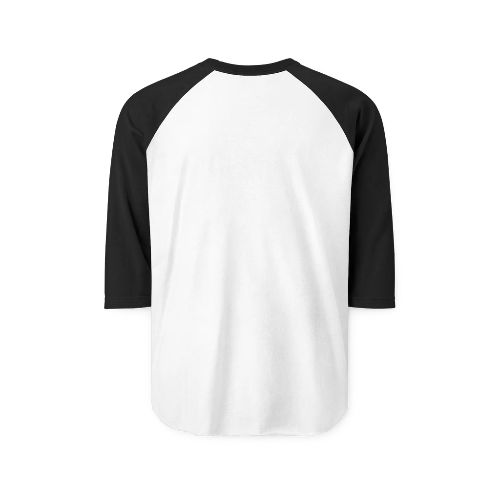 White raglan shirt with black three-quarter sleeves and collar, rear view showing the unprinted back.