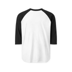 White raglan shirt with black three-quarter sleeves and collar, rear view showing the unprinted back.