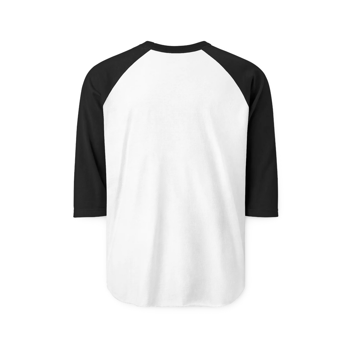 White raglan shirt with black three-quarter sleeves and collar, rear view showing the unprinted back.