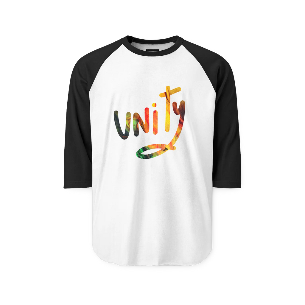 White raglan shirt with black three-quarter sleeves and collar, front view with multicolored unity lettering filled with FREEBRD Lucy painting artwork.