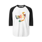 White raglan shirt with black three-quarter sleeves and collar, front view with multicolored unity lettering filled with FREEBRD Lucy painting artwork.