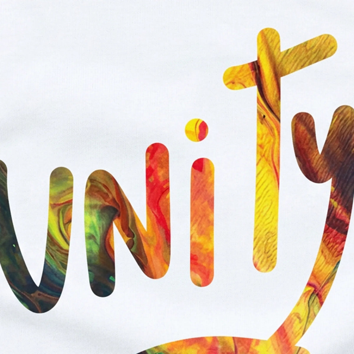 Close-up of multicolored unity lettering filled with the FREEBRD Lucy painting artwork on white raglan fabric, with black sleeves visible at the upper corners.