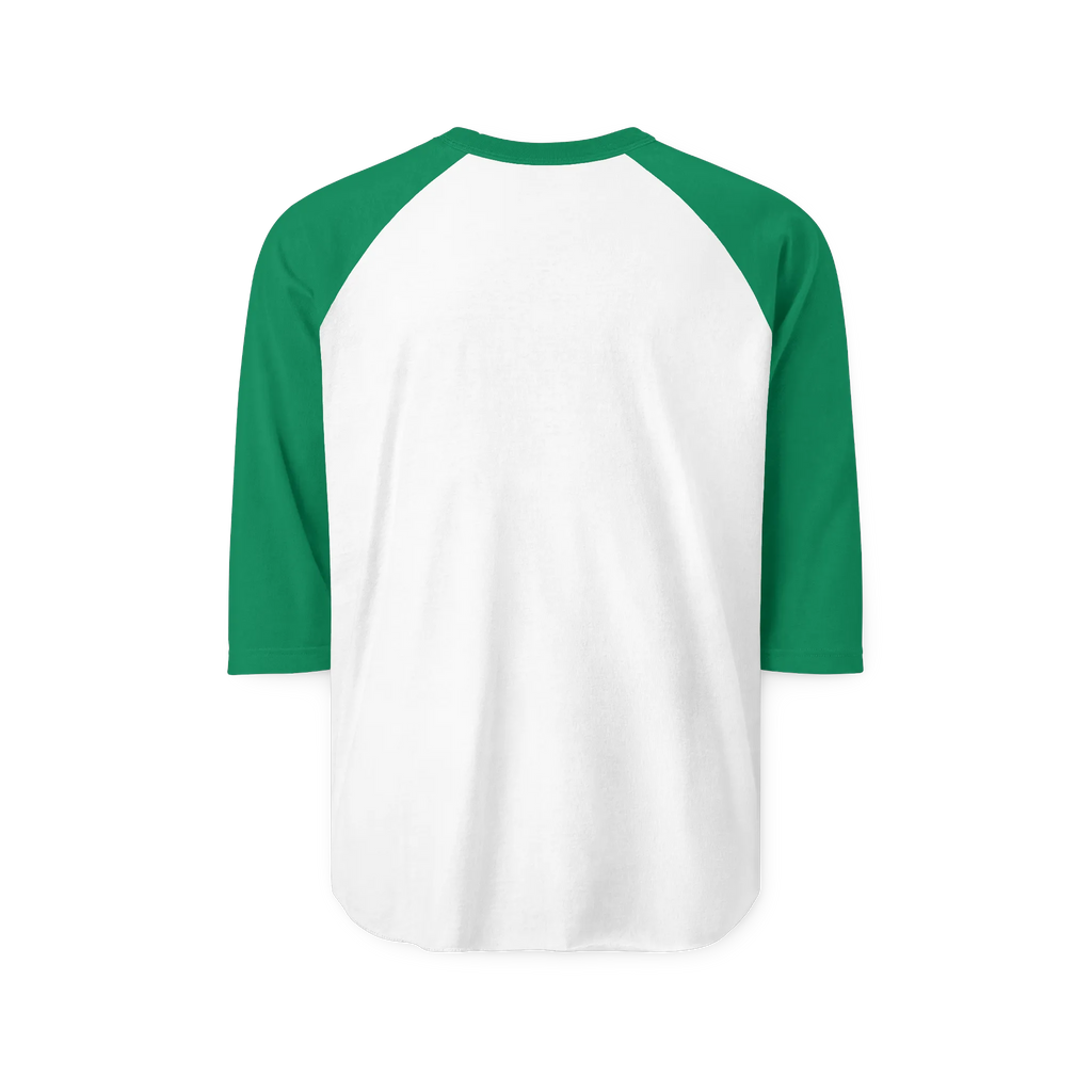 White raglan shirt with Kelly green three-quarter sleeves and collar, rear view showing the unprinted back.