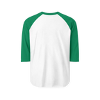 White raglan shirt with Kelly green three-quarter sleeves and collar, rear view showing the unprinted back.