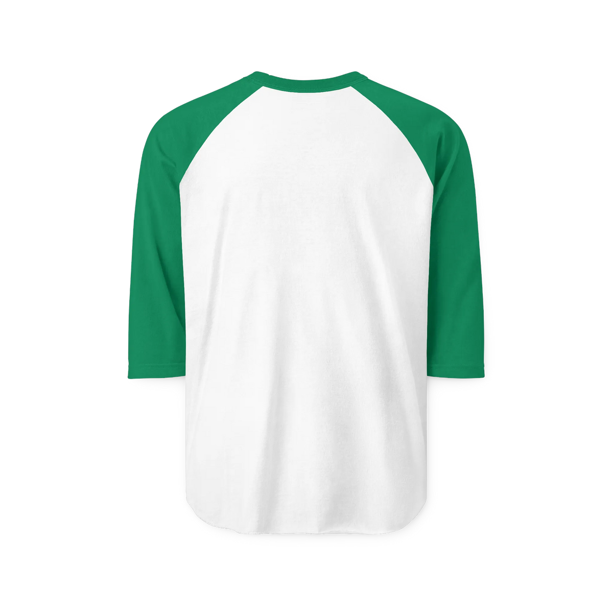 White raglan shirt with Kelly green three-quarter sleeves and collar, rear view showing the unprinted back.