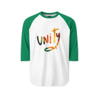 White raglan shirt with Kelly green three-quarter sleeves and collar, front view with multicolored unity lettering filled with FREEBRD Lucy painting artwork.