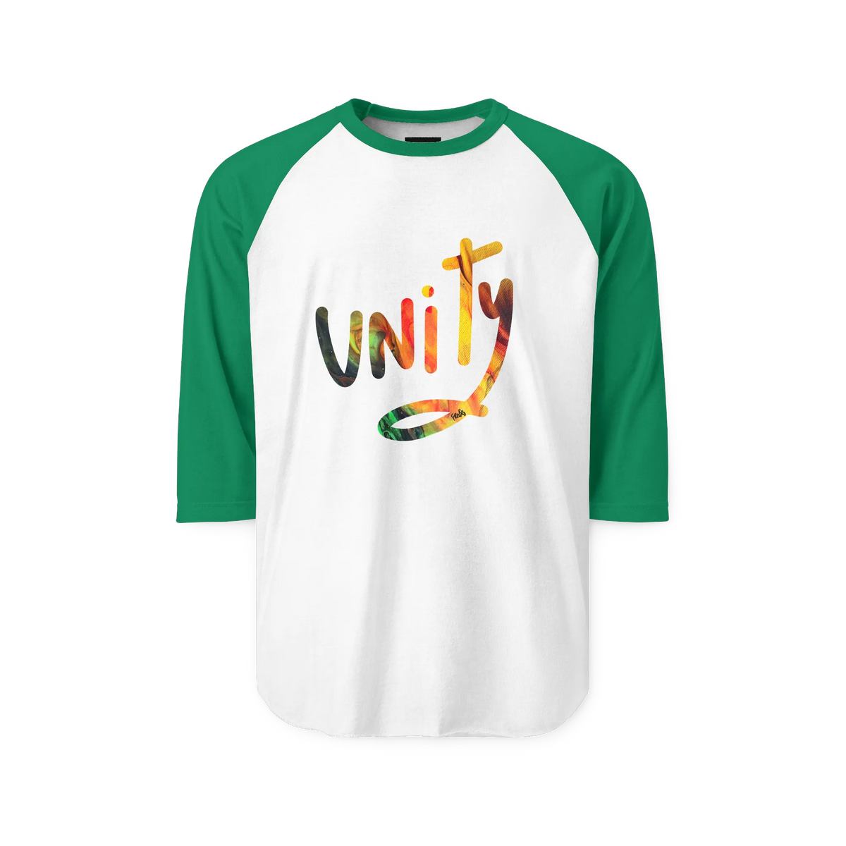 White raglan shirt with Kelly green three-quarter sleeves and collar, front view with multicolored unity lettering filled with FREEBRD Lucy painting artwork.
