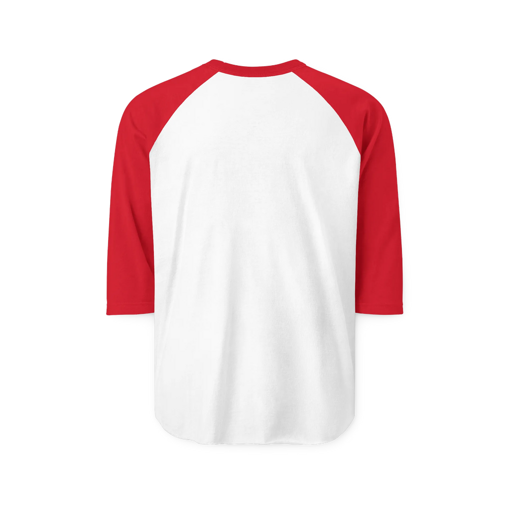 White raglan shirt with red three-quarter sleeves and collar, rear view showing the unprinted back.
