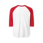 White raglan shirt with red three-quarter sleeves and collar, rear view showing the unprinted back.