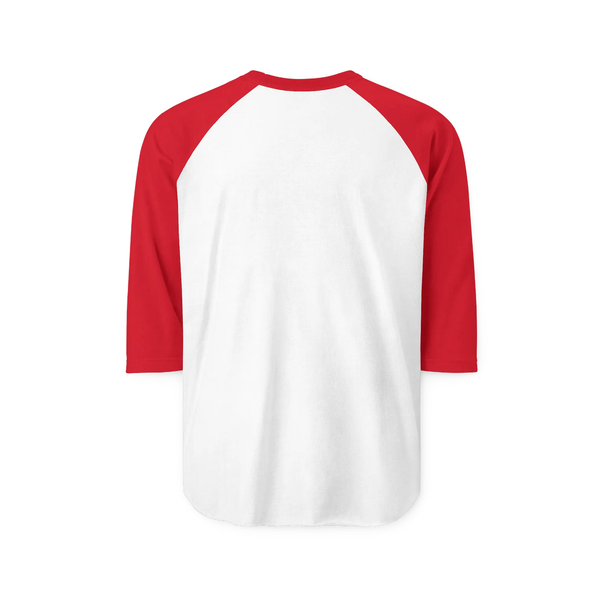 White raglan shirt with red three-quarter sleeves and collar, rear view showing the unprinted back.