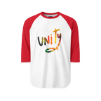 White raglan shirt with red three-quarter sleeves and collar, front view with multicolored unity lettering filled with FREEBRD Lucy painting artwork.