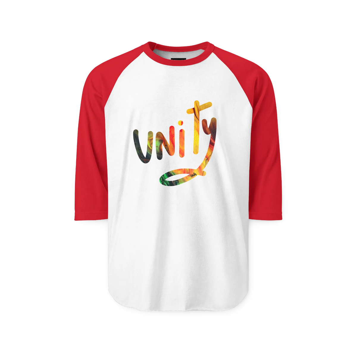 White raglan shirt with red three-quarter sleeves and collar, front view with multicolored unity lettering filled with FREEBRD Lucy painting artwork.