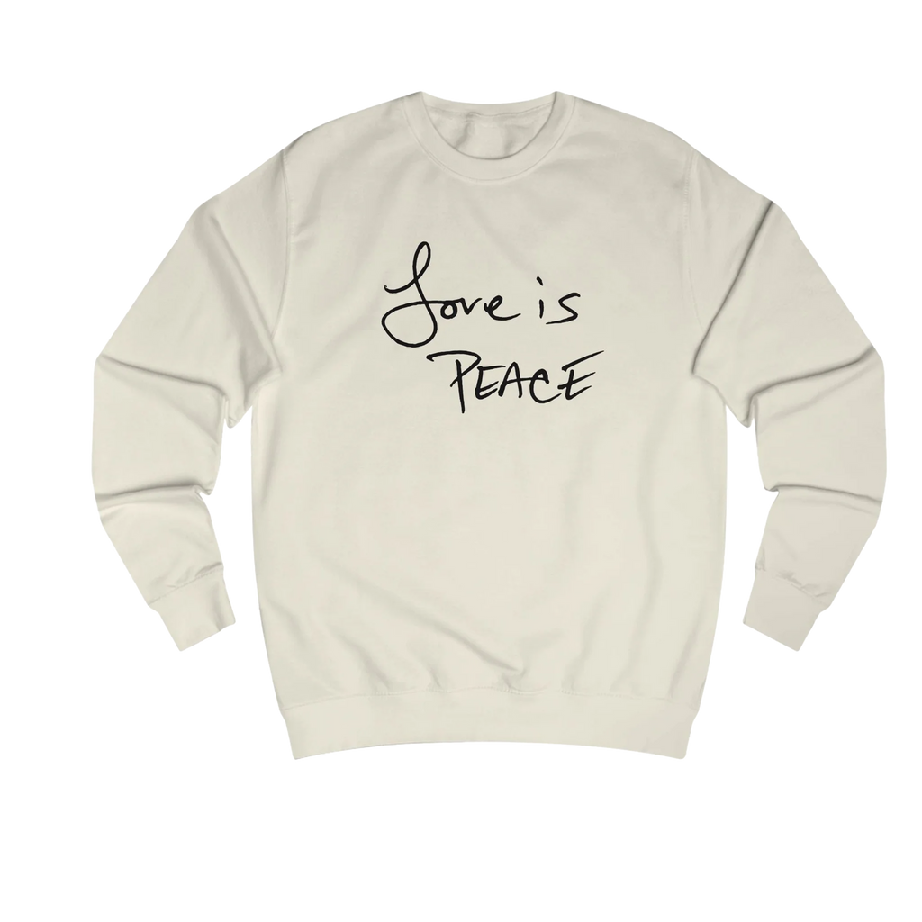 Vanilla Milkshake Love is Peace crewneck sweatshirt, handwritten Love is Peace graphic, crew neck, front view.