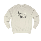 Vanilla Milkshake Love is Peace crewneck sweatshirt, handwritten Love is Peace graphic, crew neck, front view.