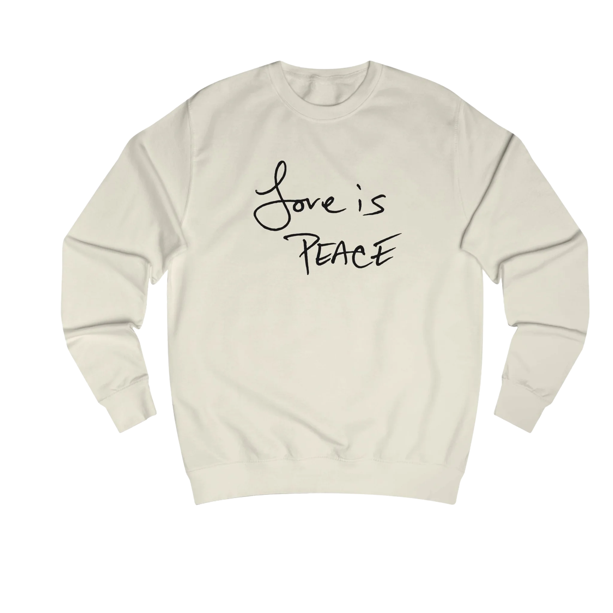Vanilla Milkshake Love is Peace crewneck sweatshirt, black print, front view.
