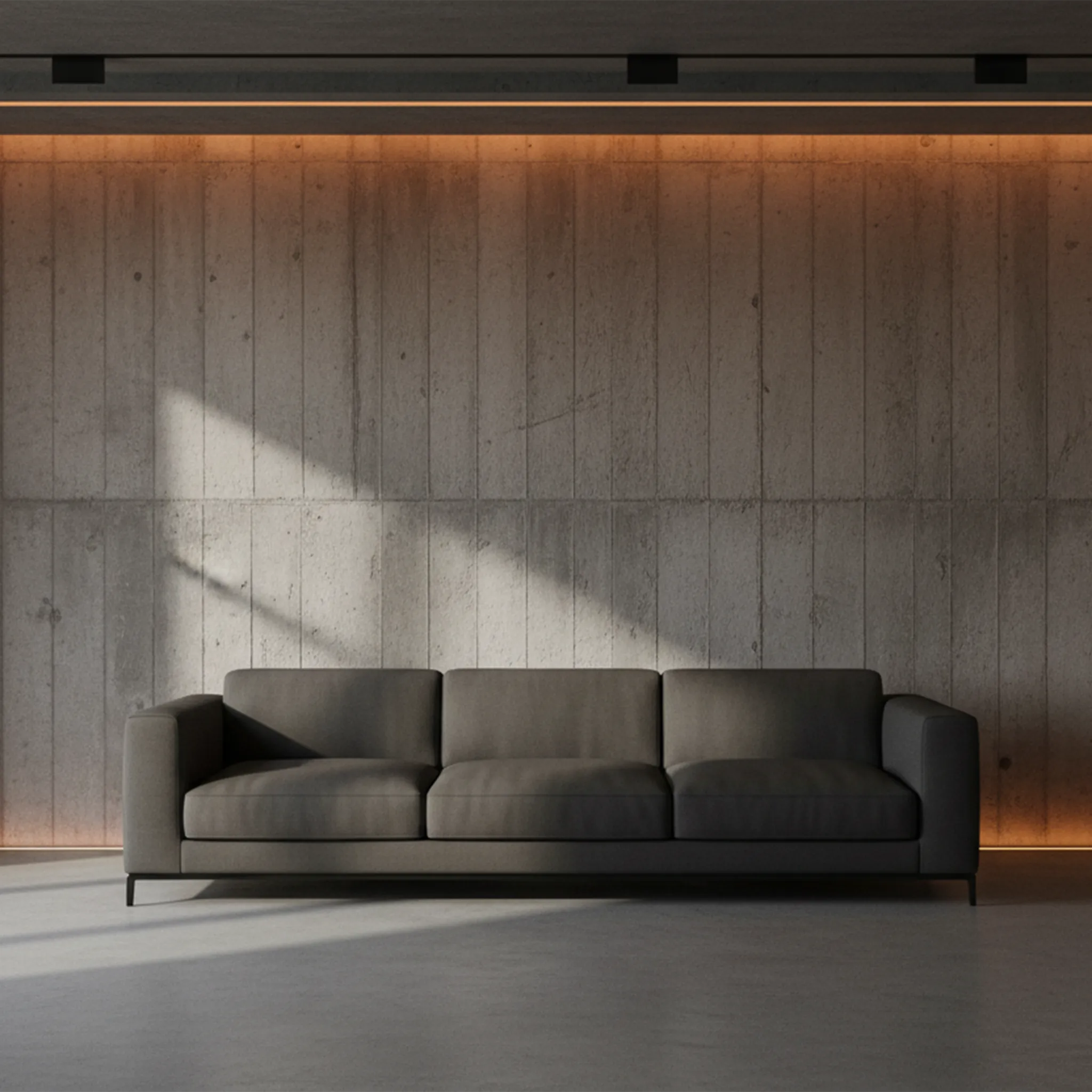 Modern brutalist indoor living space with concrete wall and dark sofa, Vibrant Vibe Decor collection background.
