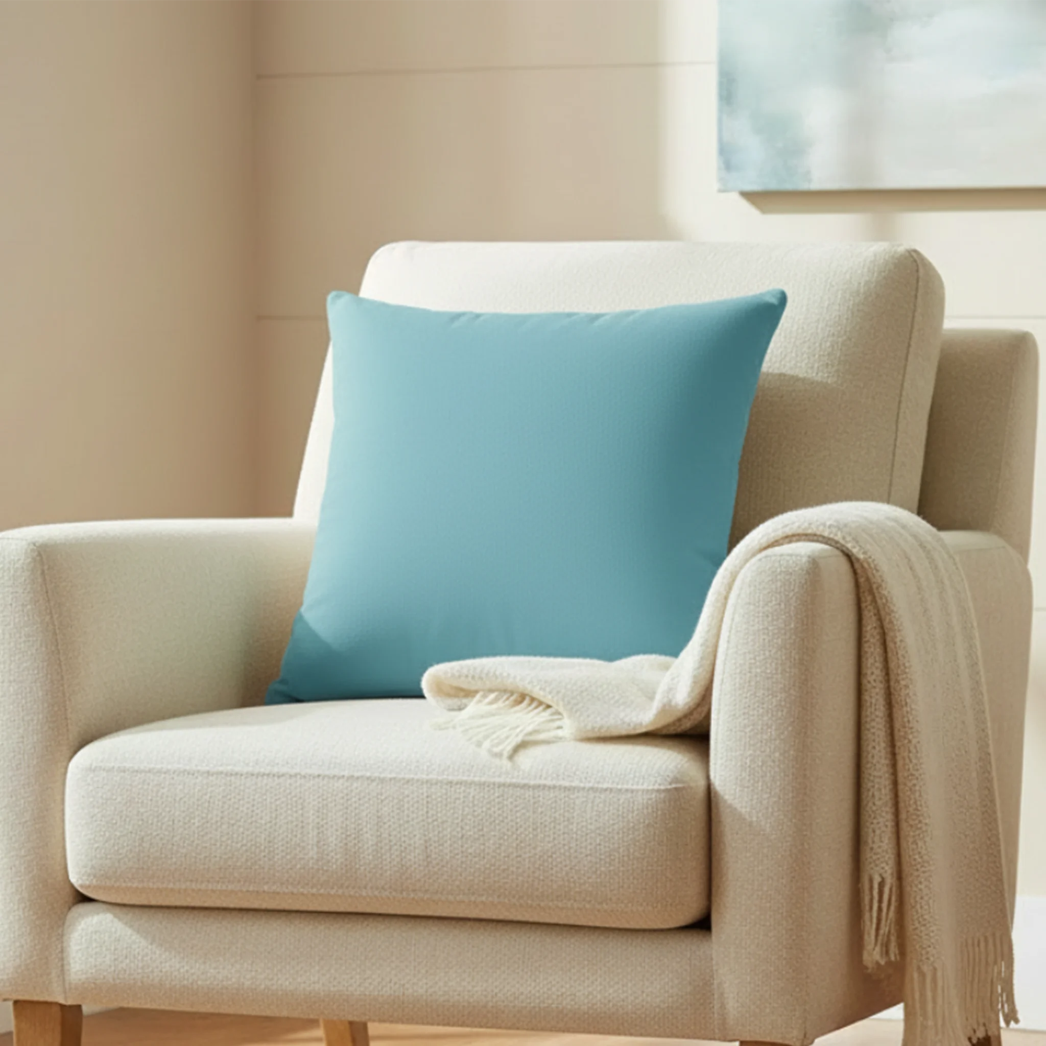 Vintage aqua faux suede pillow styled on a sofa chair, serene teal blue home decor.
