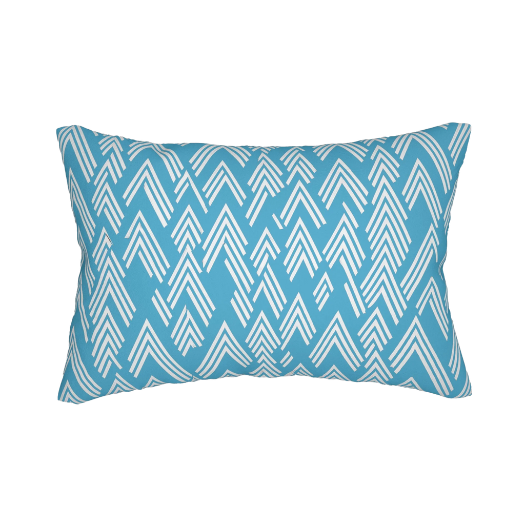 Vintage Aqua ikat lumbar accent pillow, front view.
