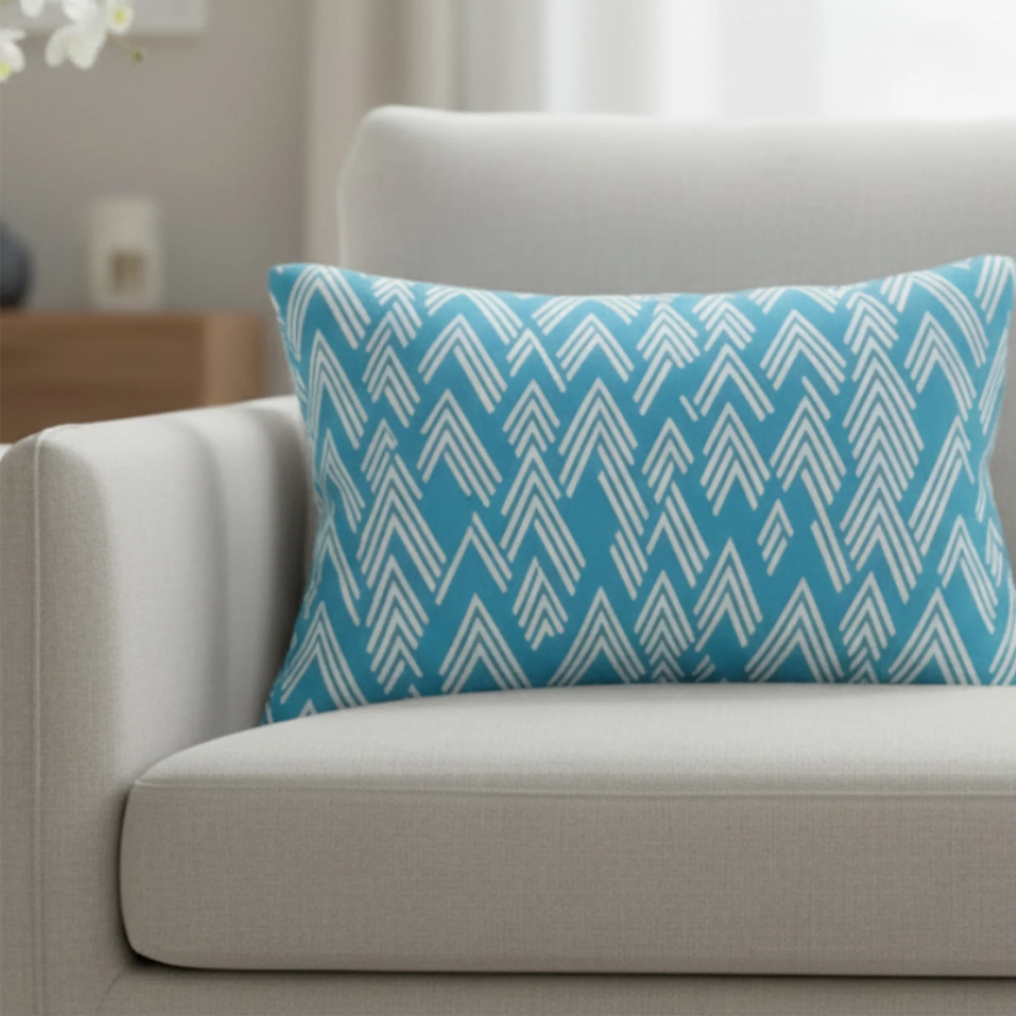 Vintage Aqua ikat lumbar accent pillow styled on a couch in a modern living room. 