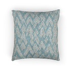 A back preview of the Vintage Aqua Ikat Patterned Woven Throw Pillow showing a vintage aqua background and ivory white chevron styled lines. 