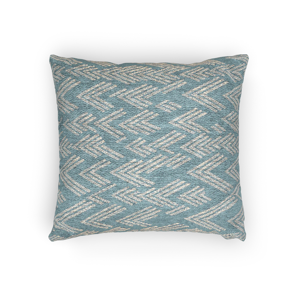 A horizontal preview of the Vintage Aqua Ikat Patterned Woven Throw Pillow showing a vintage aqua background and ivory white chevron styled lines. 