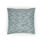 A horizontal preview of the Vintage Aqua Ikat Patterned Woven Throw Pillow showing a vintage aqua background and ivory white chevron styled lines. 