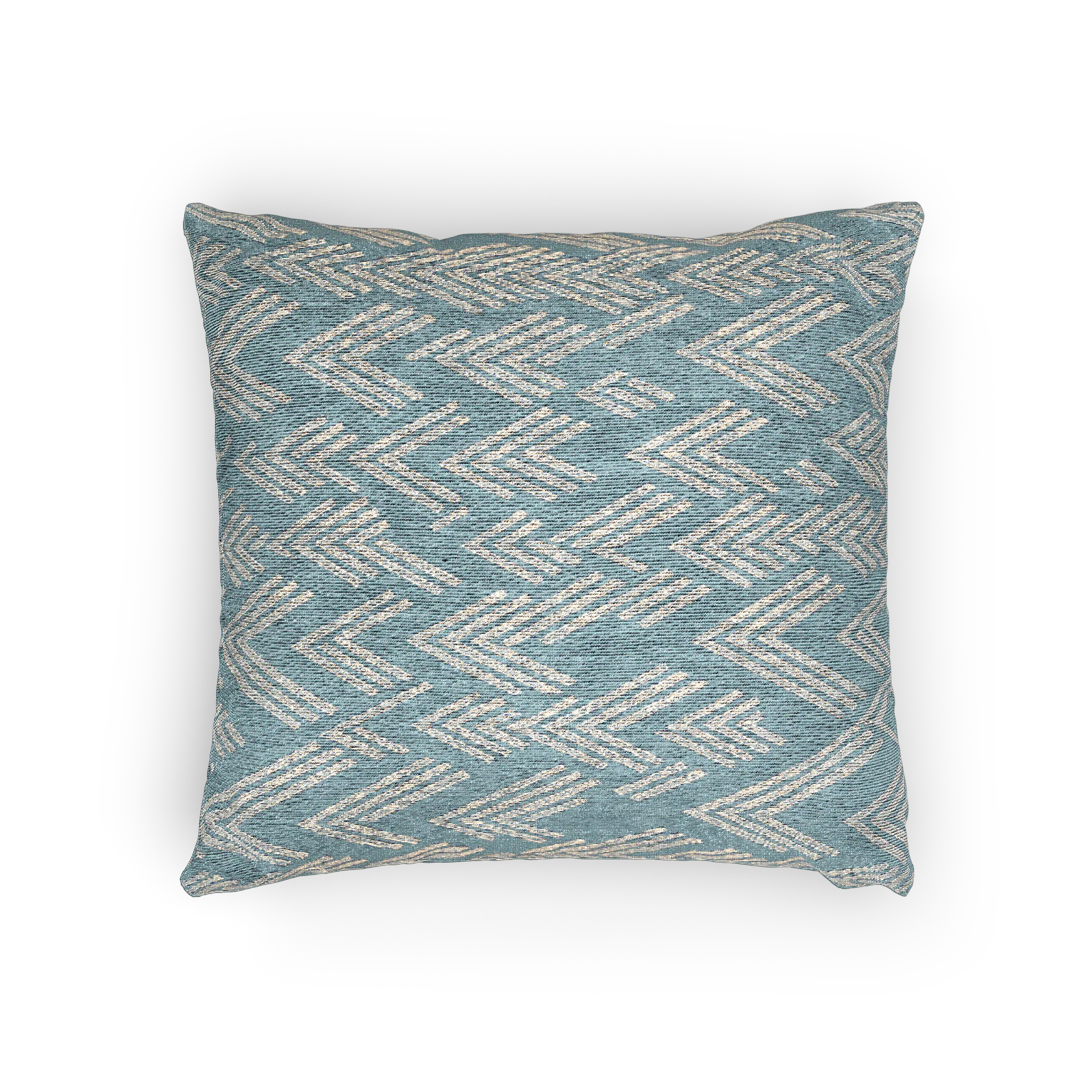 A horizontal preview of the Vintage Aqua Ikat Patterned Woven Throw Pillow showing a vintage aqua background and ivory white chevron styled lines. 
