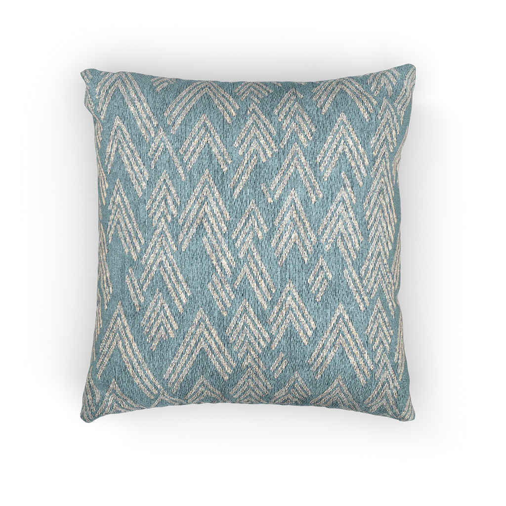 A front preview of the Vintage Aqua Ikat Patterned Woven Throw Pillow showing a vintage aqua background and ivory white chevron styled lines. 