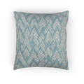 A front preview of the Vintage Aqua Ikat Patterned Woven Throw Pillow showing a vintage aqua background and ivory white chevron styled lines. 