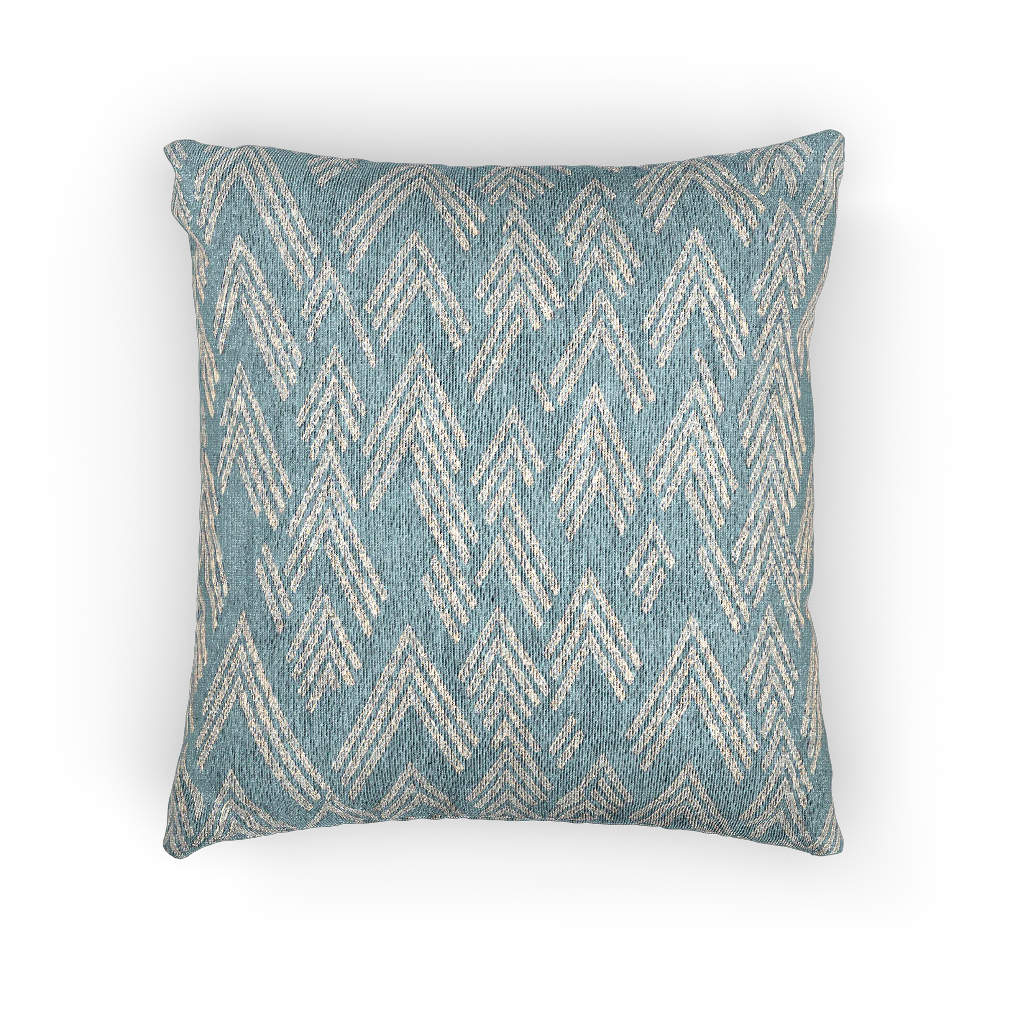 A front preview of the Vintage Aqua Ikat Patterned Woven Throw Pillow showing a vintage aqua background and ivory white chevron styled lines. 