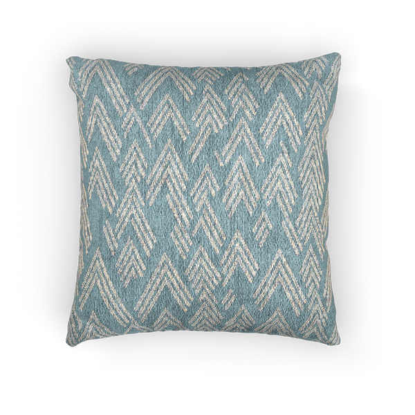 A front view of the Vintage Aqua Ikat Patterned Woven Throw Pillow showing a vintage aqua background and ivory white chevron styled lines. 