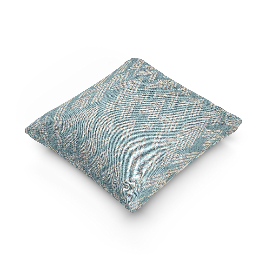 A side preview of the Vintage Aqua Ikat Patterned Woven Throw Pillow showing a vintage aqua background and ivory white chevron styled lines. 