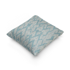 A side preview of the Vintage Aqua Ikat Patterned Woven Throw Pillow showing a vintage aqua background and ivory white chevron styled lines. 