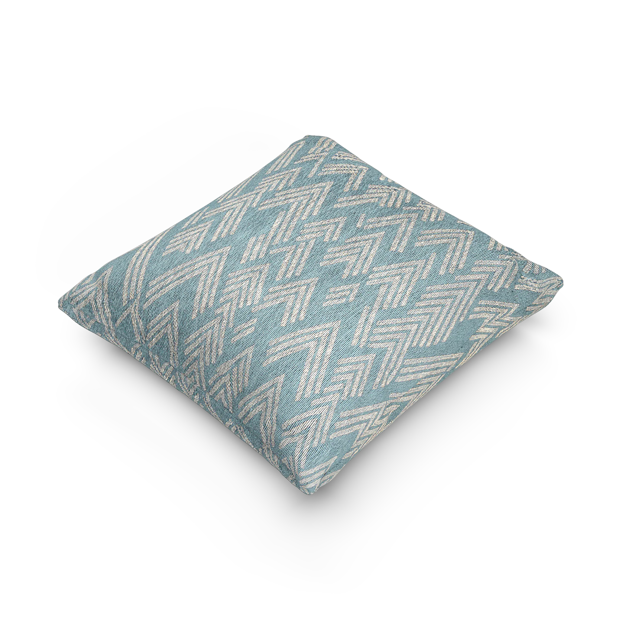 A side preview of the Vintage Aqua Ikat Patterned Woven Throw Pillow showing a vintage aqua background and ivory white chevron styled lines. 