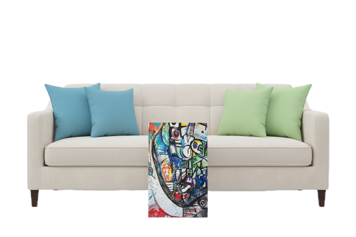Beige sofa with blue and green pillows and the colorful abstract painting, "Frankly" making a fresh lifestyle modern minimalist tonal scene 