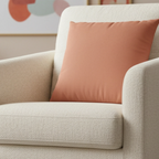 Vintage Salmon faux suede pillowcase styled on a sofa chair in a modern living room.