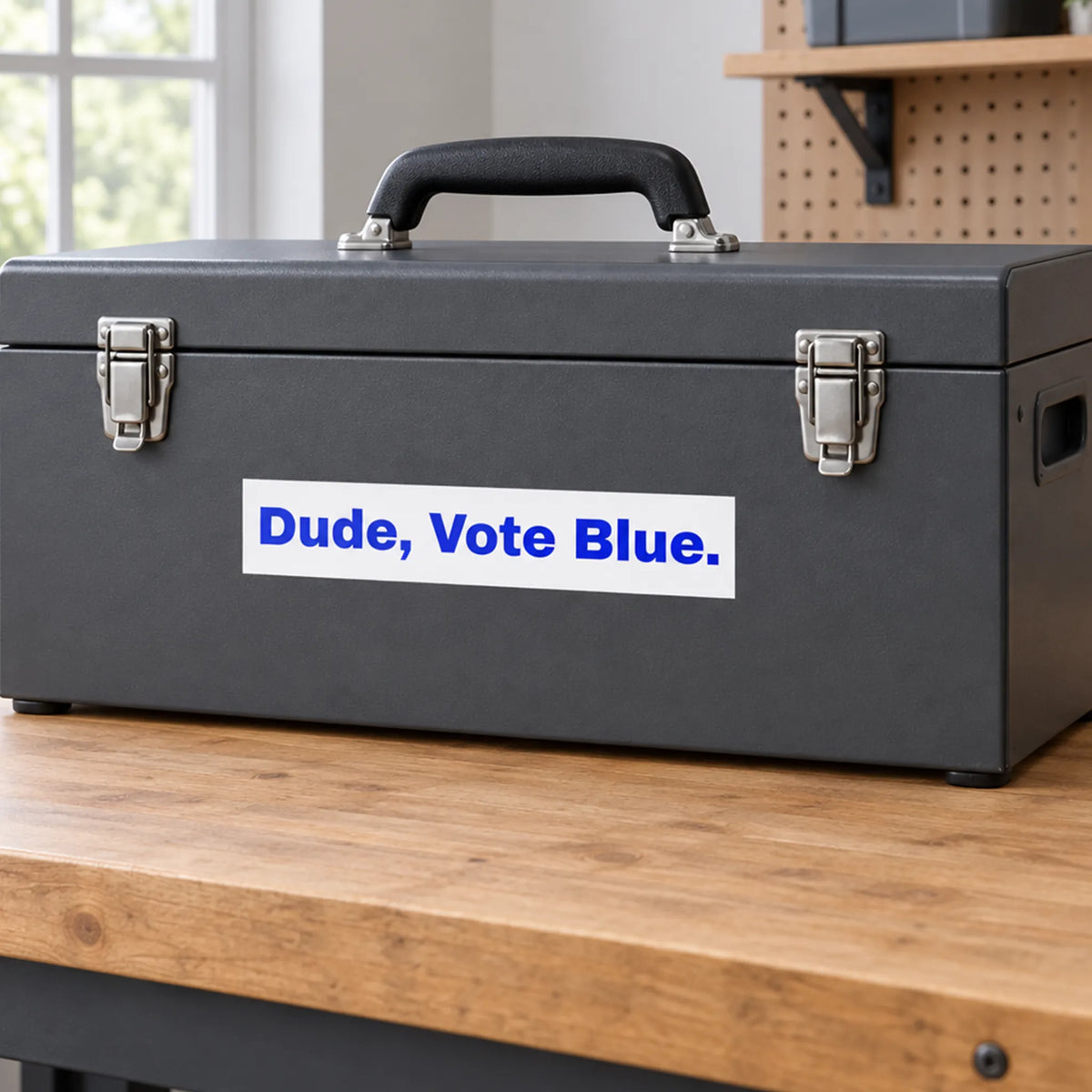 White sticker with bold blue 'Dude, Vote Blue.' lettering on a charcoal grey metal toolbox resting on a wooden workbench.