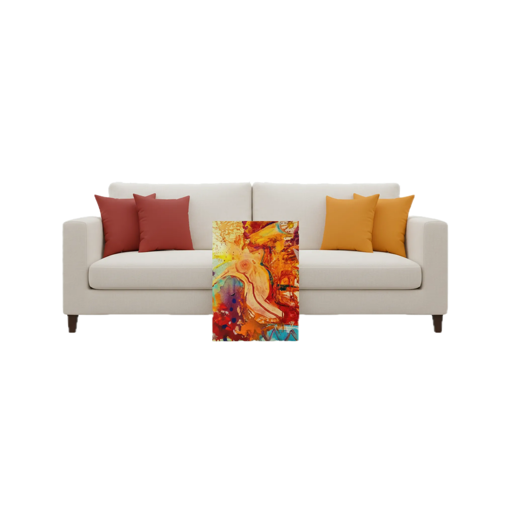 Beige sofa with red and orange cushions and a colorful abstract painting on a white background.