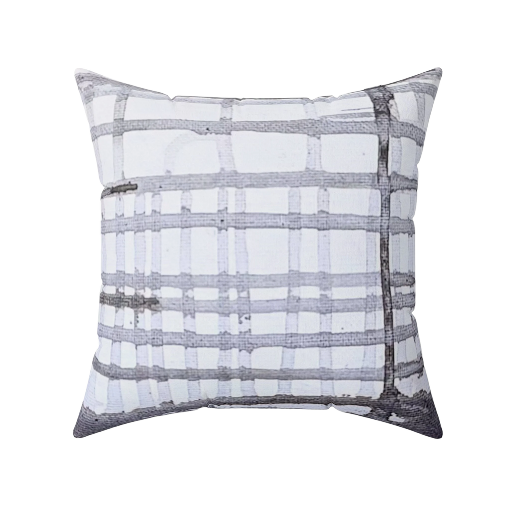 Watercolor gray plaid faux suede throw pillow, back view.