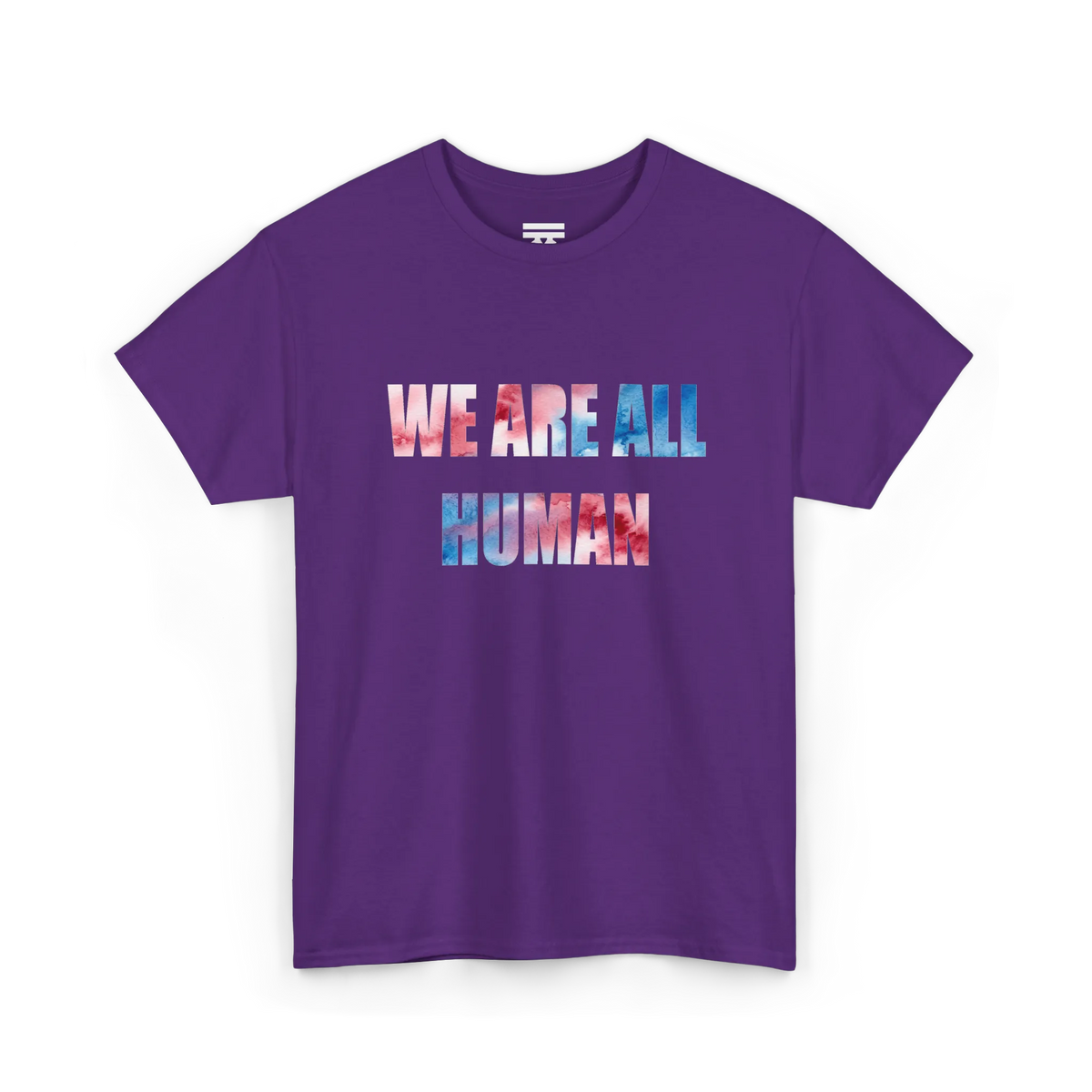 Purple crew neck T-shirt with ‘WE ARE ALL HUMAN’ across the chest in pink and blue watercolor-style lettering, front view.