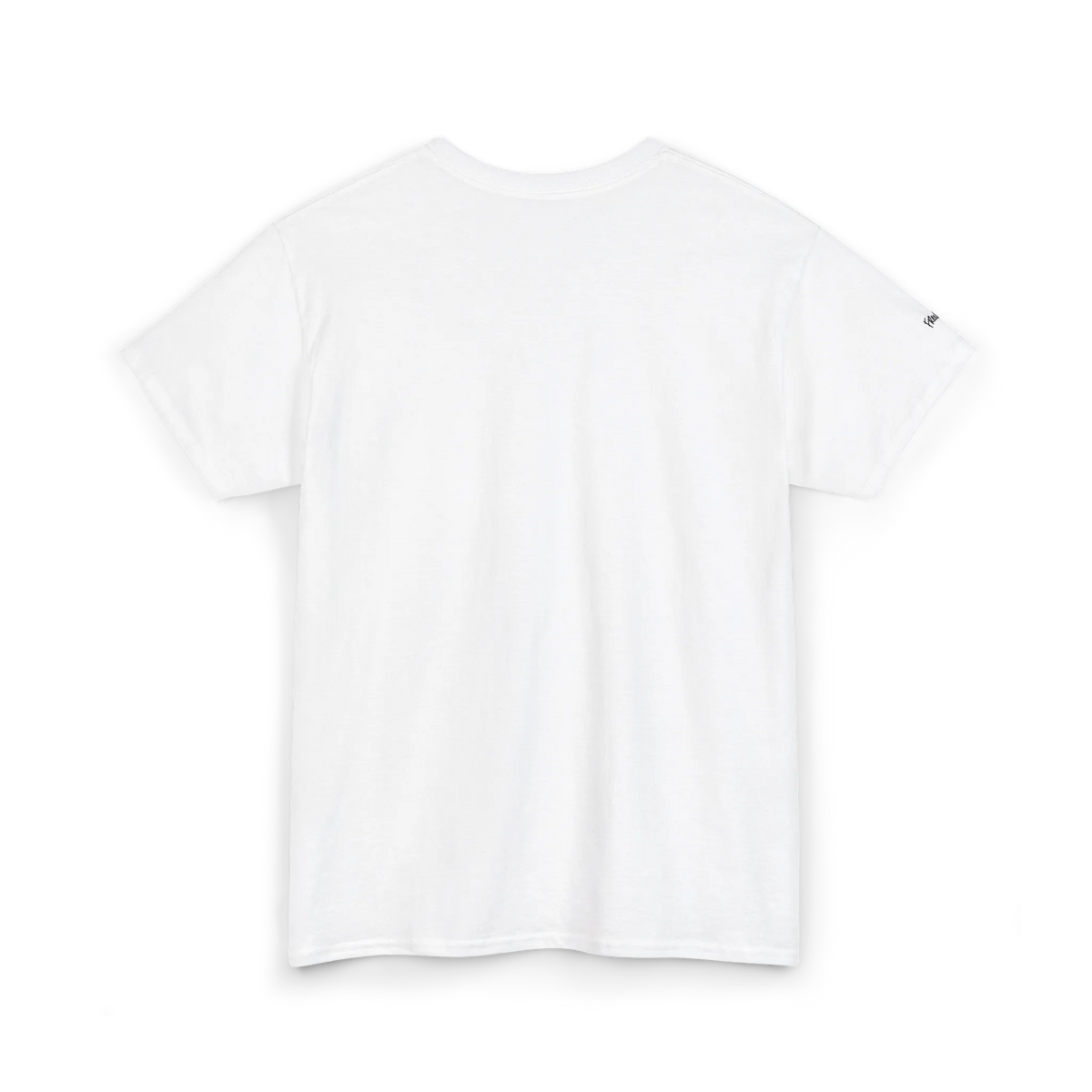 White short-sleeve T-shirt with an unprinted back and a small dark sleeve mark, back view.