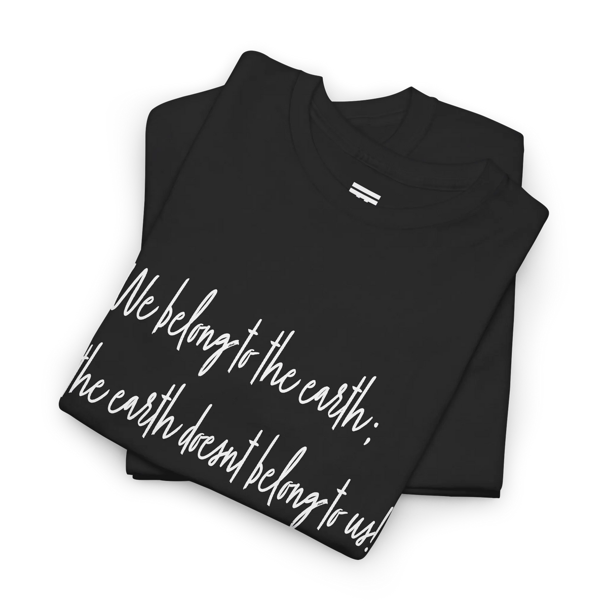 Black cotton tee upper-chest and collar detail showing the ribbed neckline and partial white handwritten lettering.